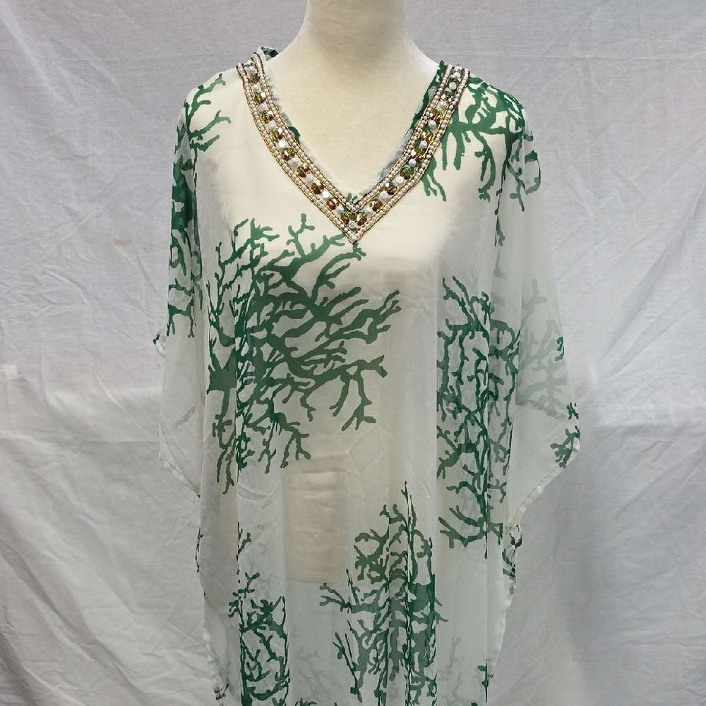 Embellished Green and White Kaftan